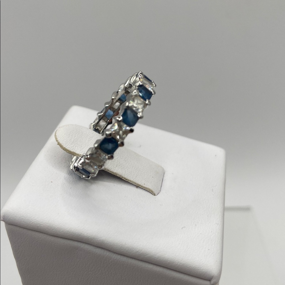 Sterling Silver Princess Cut Simulated Sapphire & Diamond Eternity Band Ring 7 - Picture 5 of 9